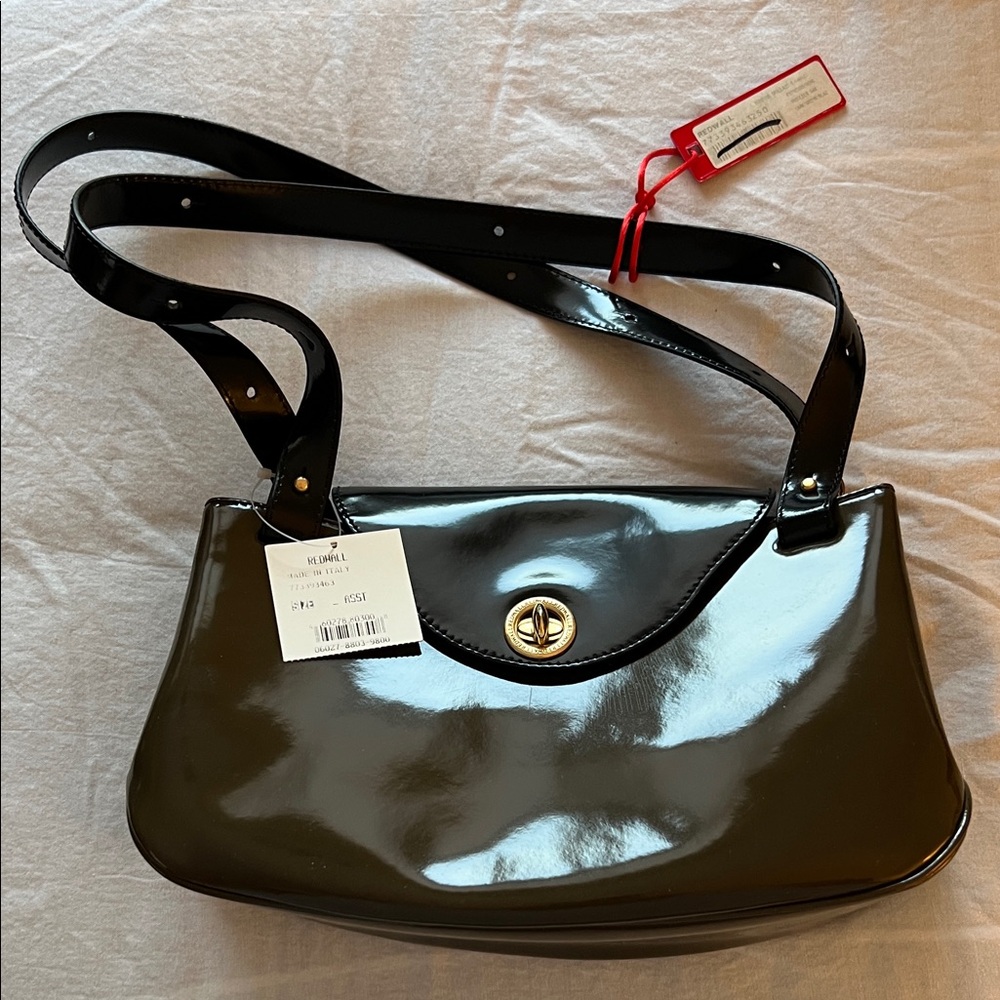 Redwall Glossy Black and Brown Patent Leather Shoulder Bag-Turn Lock Closure
